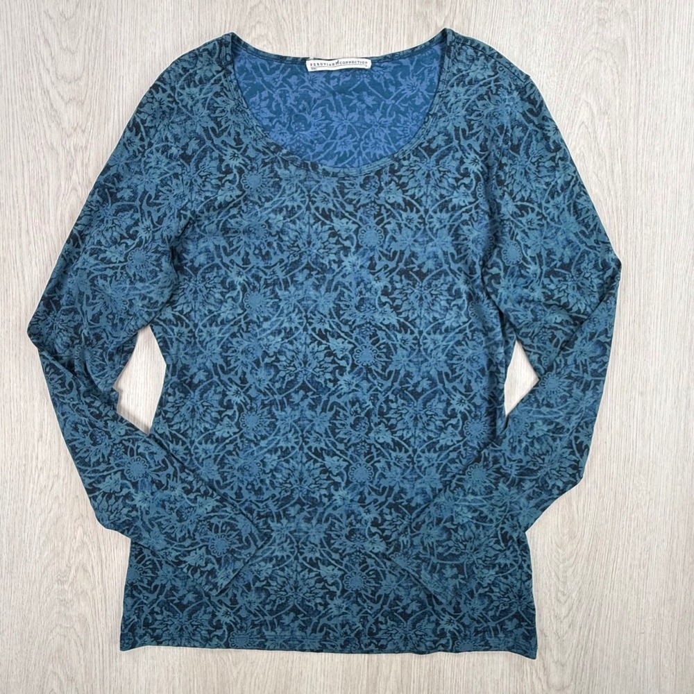 Long Sleeve Top Peruvian Connection Womens Medium Blue Floral Damask Cotton Pima